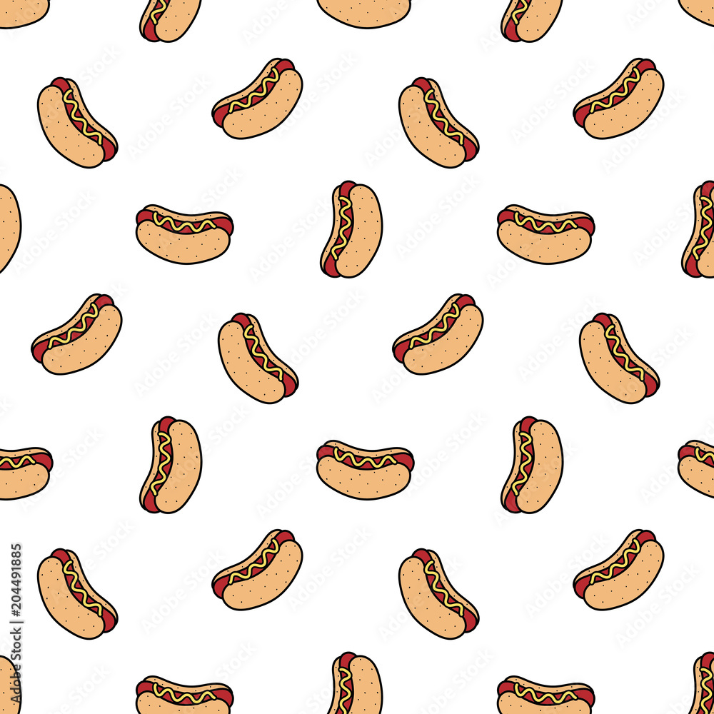 Hand drawn vector illustration of hot dog pattern in cartoon style. Hand drawn vector illustration of hot dog pattern in cartoon style.