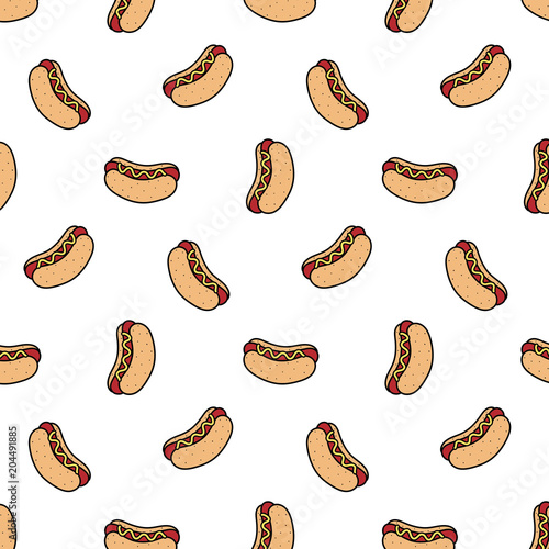 Hand drawn vector illustration of hot dog pattern in cartoon style.