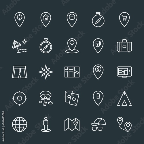 Modern Simple Set of location, travel Vector outline Icons. Contains such Icons as planet, sign, pin, beach, north, summer, business and more on dark background. Fully Editable. Pixel Perfect.