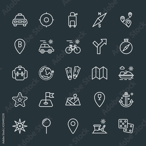 Modern Simple Set of location, travel Vector outline Icons. Contains such Icons as location, trip, pin, graphic, city, direction, star and more on dark background. Fully Editable. Pixel Perfect.