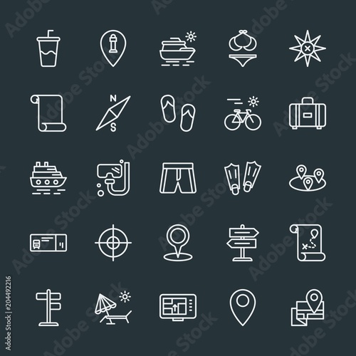 Modern Simple Set of location, travel Vector outline Icons. Contains such Icons as travel, vacation, equipment, beach, soda, map, yacht and more on dark background. Fully Editable. Pixel Perfect.