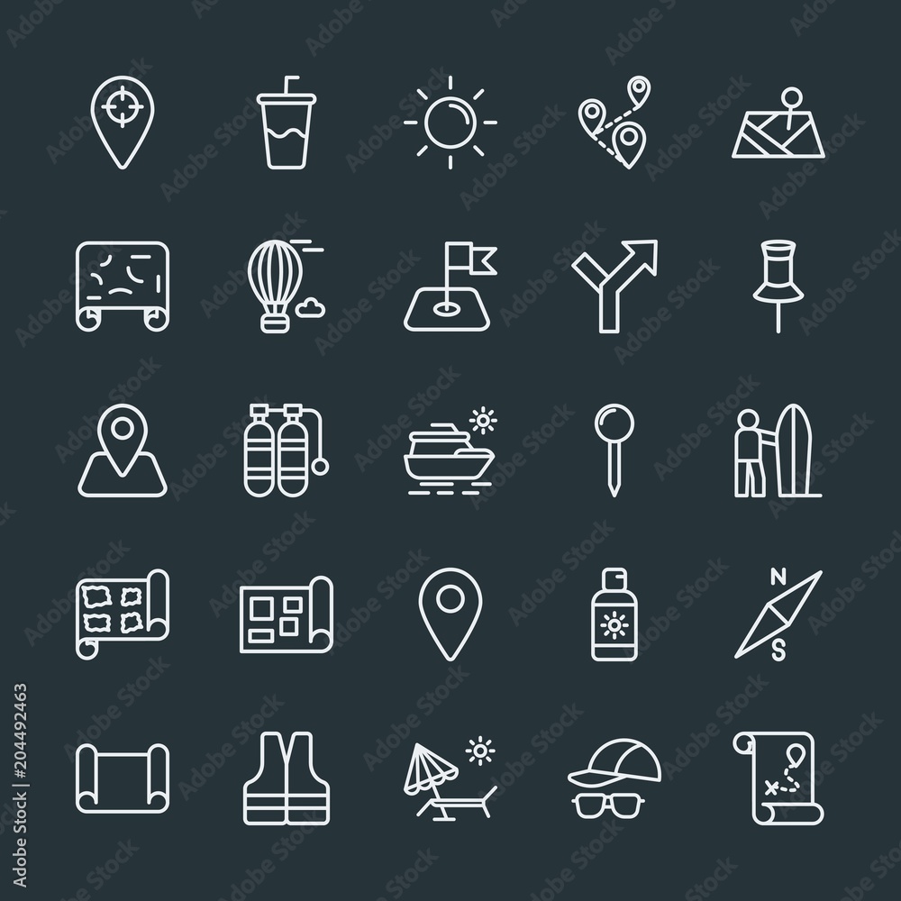 Modern Simple Set of location, travel Vector outline Icons. Contains such Icons as drink, sea, point, destination, air, north, paper and more on dark background. Fully Editable. Pixel Perfect. Modern Simple Set of location, travel Vector outline Icons. Contains such Icons as drink, sea, point, destination, air, north, paper and more on dark background. Fully Editable. Pixel Perfect.