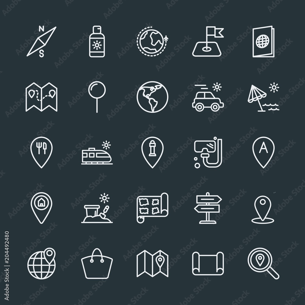 Modern Simple Set of location, travel Vector outline Icons. Contains such Icons as location, marker, direction, background, compass, road and more on dark background. Fully Editable. Pixel Perfect. Modern Simple Set of location, travel Vector outline Icons. Contains such Icons as location, marker, direction, background, compass, road and more on dark background. Fully Editable. Pixel Perfect.
