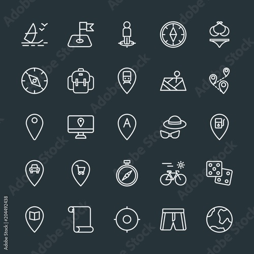 Modern Simple Set of location, travel Vector outline Icons. Contains such Icons as water, location, cycle, clothing, casino, travel and more on dark background. Fully Editable. Pixel Perfect.