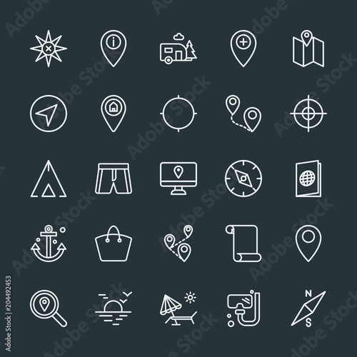 Modern Simple Set of location, travel Vector outline Icons. Contains such Icons as  water,  travel,  south,  place, beach,  scuba,  north and more on dark background. Fully Editable. Pixel Perfect.