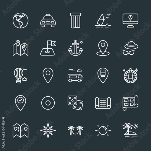Modern Simple Set of location, travel Vector outline Icons. Contains such Icons as earth, planet, destination, position, action, water and more on dark background. Fully Editable. Pixel Perfect.
