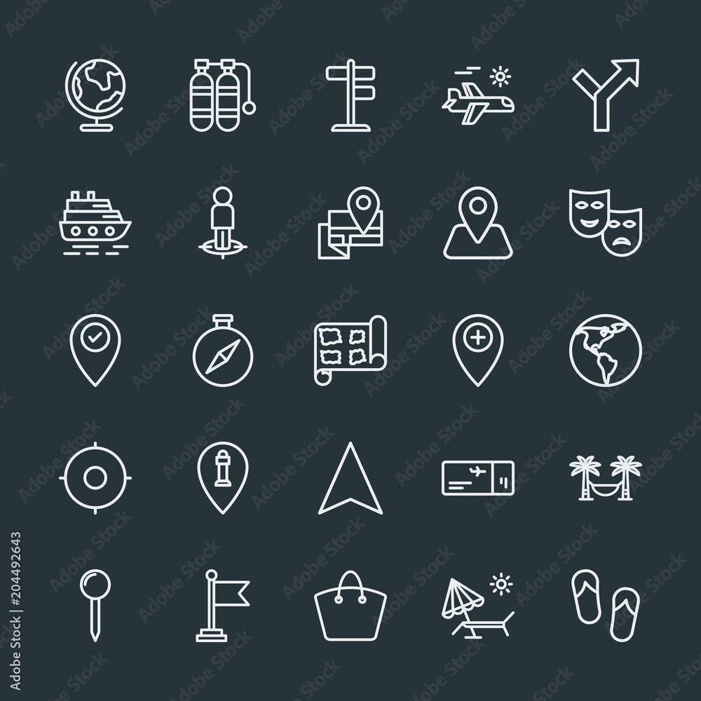 Modern Simple Set of location, travel Vector outline Icons. Contains such Icons as  travel,  tropical,  chair,  style,  background,  way and more on dark background. Fully Editable. Pixel Perfect.