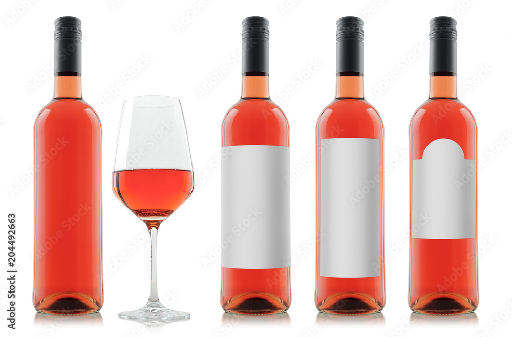 Mock-up sample of filled rose wine bottles with different shaped blank white labels and a glass of wine isolated on white background for individual designs and graphics Mock-up sample of filled rose wine bottles with different shaped blank white labels and a glass of wine isolated on white background for individual designs and graphics
