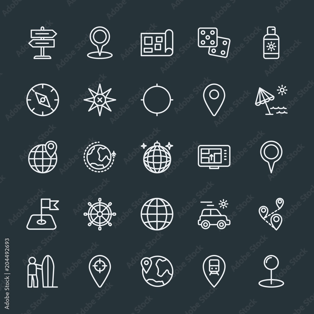 Modern Simple Set of location, travel Vector outline Icons. Contains such Icons as  surf,  cream, station,  casino,  surfer,  arrow,  care and more on dark background. Fully Editable. Pixel Perfect.