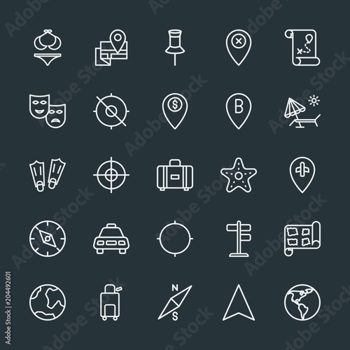 Modern Simple Set of location, travel Vector outline Icons. Contains such Icons as position, show, way, map, trip, world, goal, route and more on dark background. Fully Editable. Pixel Perfect.