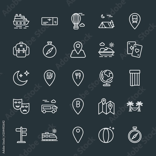 Modern Simple Set of location, travel Vector outline Icons. Contains such Icons as location, travel, vacation, hammock, direction, pin and more on dark background. Fully Editable. Pixel Perfect.
