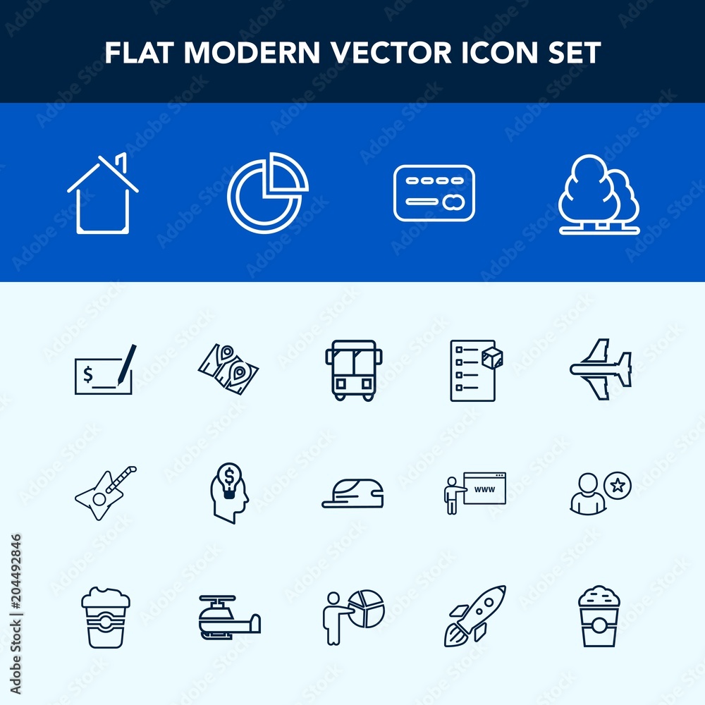 Fototapeta premium Modern, simple vector icon set with pay, business, tree, card, check, flight, house, road, box, sign, white, idea, building, music, aircraft, chart, plane, pen, bus, hat, airplane, speed, guitar icons