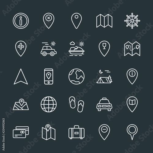 Modern Simple Set of location, travel Vector outline Icons. Contains such Icons as  message,  world,  trip,  education, airport,  web,  pin and more on dark background. Fully Editable. Pixel Perfect.