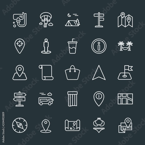 Modern Simple Set of location, travel Vector outline Icons. Contains such Icons as extreme, web, pin, soda, equipment, camp, fashion and more on dark background. Fully Editable. Pixel Perfect.