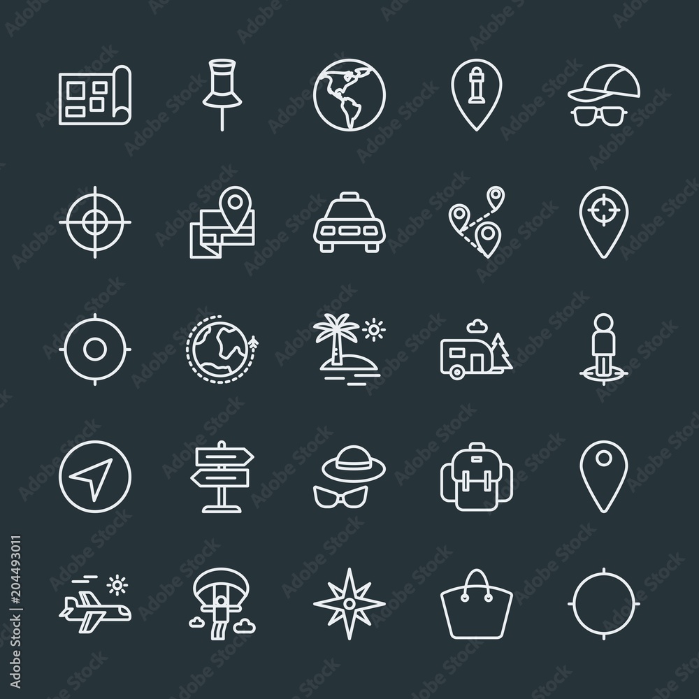 Modern Simple Set of location, travel Vector outline Icons. Contains such Icons as  navigation,  air, parachute,  accessories, map,  holiday and more on dark background. Fully Editable. Pixel Perfect.