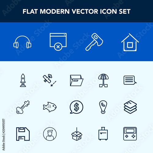 Modern, simple vector icon set with office, architecture, plane, aircraft, music, sign, craft, umbrella, construction, sun, lock, file, flight, frame, axe, tag, folder, food, stereo, estate, key icons