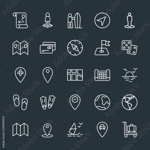 Modern Simple Set of location, travel Vector outline Icons. Contains such Icons as plastic, city, people, earth, water, travel, street and more on dark background. Fully Editable. Pixel Perfect.