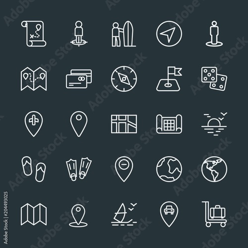 Modern Simple Set of location, travel Vector outline Icons. Contains such Icons as  plastic,  city,  people, earth,  water,  travel,  street and more on dark background. Fully Editable. Pixel Perfect.