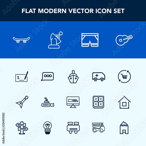 Modern, simple vector icon set with sign, guitar, ambulance, trolley, skate, business, earth, skateboard, ocean, white, wear, check, emergency, music, ship, extreme, marine, sea, skater, fashion icons