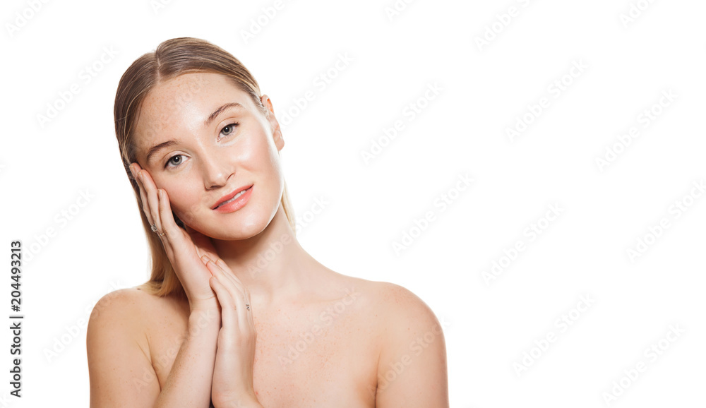 Waist up portrait of beautiful young woman with clean perfect skin. Spa skincare and wellness. She is looking at camera with happiness and calmness. Isolated on white background and place for text Waist up portrait of beautiful young woman with clean perfect skin. Spa skincare and wellness. She is looking at camera with happiness and calmness. Isolated on white background and place for text
