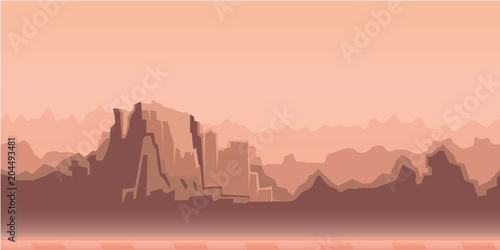 Misty canyon morning landscape, beige tone. Vector illustration. Flat style. Horizontal