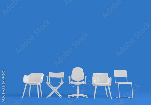 Row of differnt chairs. Job interview, recruitment concept. 3D rendering