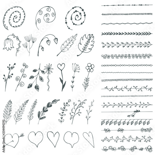 A set of decorative design elements hand drawn. Leaves, twigs, hearts, limiters, dividers, flowers, curls. Vector illustration.