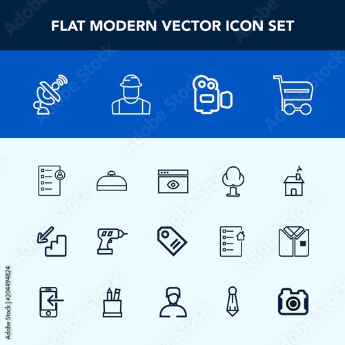 Modern, simple vector icon set with machine, trip, window, building, tag, trolley, computer, home, space, label, forest, browser, luggage, buy, suitcase, down, nature, house, work, up, landscape icons