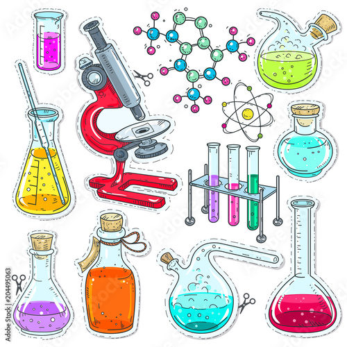 Set colorful of chemical laboratory equipment, test tubes, flasks with colored liquid, microscope and molecules.