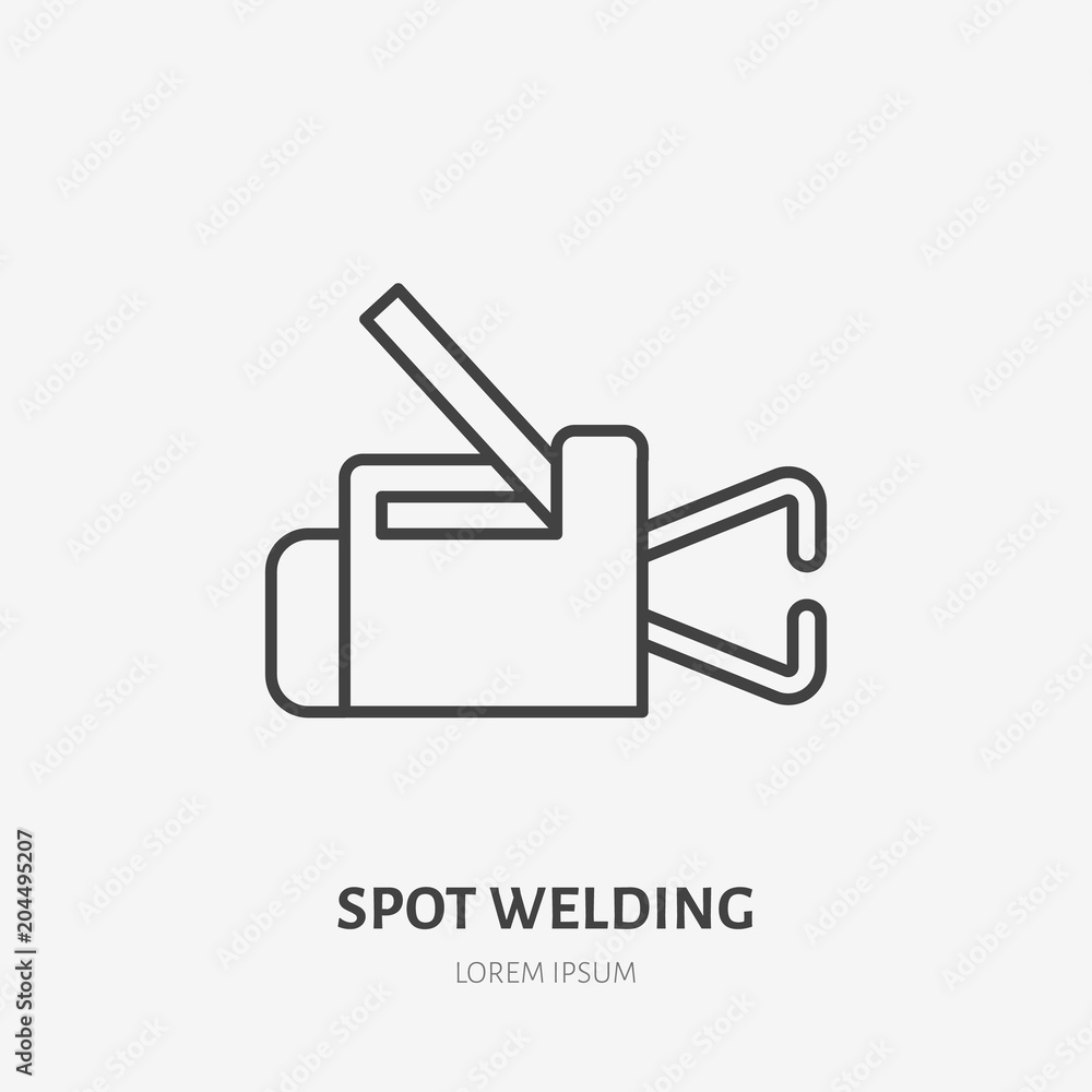Spot welding equipment flat line icon. Metal works sign. Thin linear logo for indastrial tools store, welder services. Spot welding equipment flat line icon. Metal works sign. Thin linear logo for indastrial tools store, welder services.