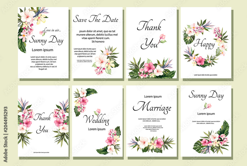 Set of card with exotic leaves. Tropical Wedding ornament concept. Floral poster, invite. Vector decorative greeting card or invitation design background Set of card with exotic leaves. Tropical Wedding ornament concept. Floral poster, invite. Vector decorative greeting card or invitation design background