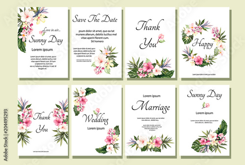Set of card with exotic leaves. Tropical Wedding ornament concept. Floral poster, invite. Vector decorative greeting card or invitation design background