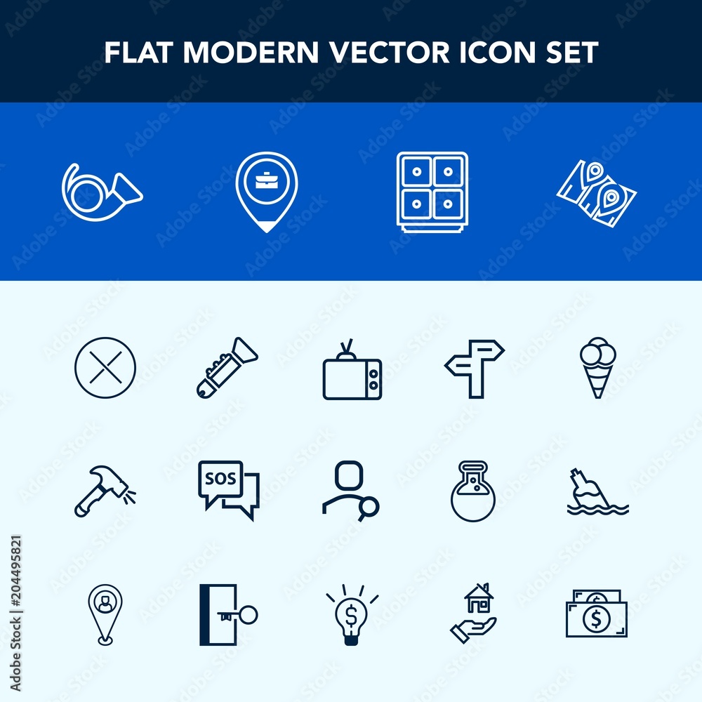 Modern, simple vector icon set with close, emergency, food, direction, equipment, ball, search, bugle, sos, computer, tv, finance, musical, construction, bank, cash, danger, jazz, travel, map icons Modern, simple vector icon set with close, emergency, food, direction, equipment, ball, search, bugle, sos, computer, tv, finance, musical, construction, bank, cash, danger, jazz, travel, map icons