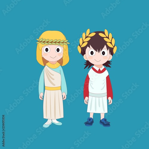 Girl and boy wearing Ancient Rome costume for school History. Vector illustration