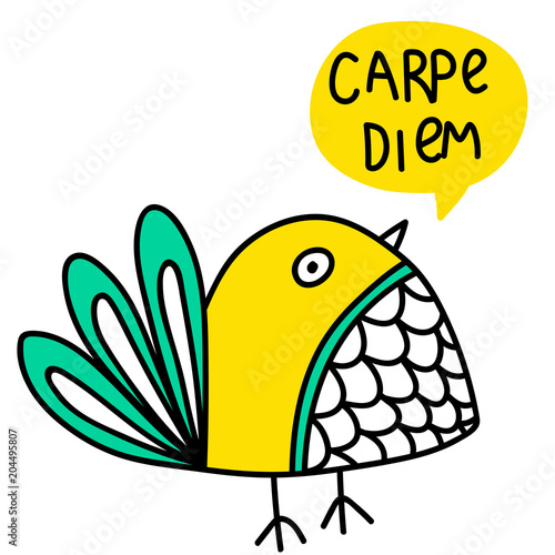 Carpe diem lettering and bird doodle illustration