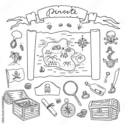 Hand drawn pirate set. Pirates flag and treasures map. Nautical symbols illustrations