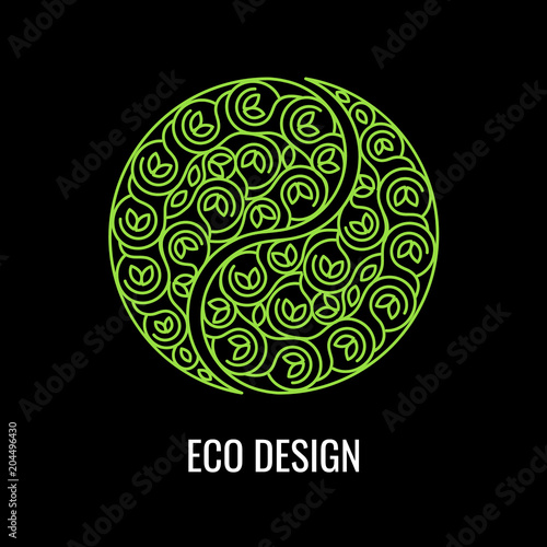 Abstract natural Linear logo. Green symbol Yin Yang on black background. Vector sign for eco design. Alternative, Chinese medicine and wellness, zen meditation.