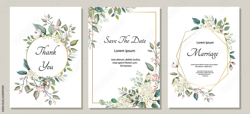 Set of card with flower, leaves. Wedding ornament concept. Floral poster, invite. Vector decorative greeting card or invitation design background