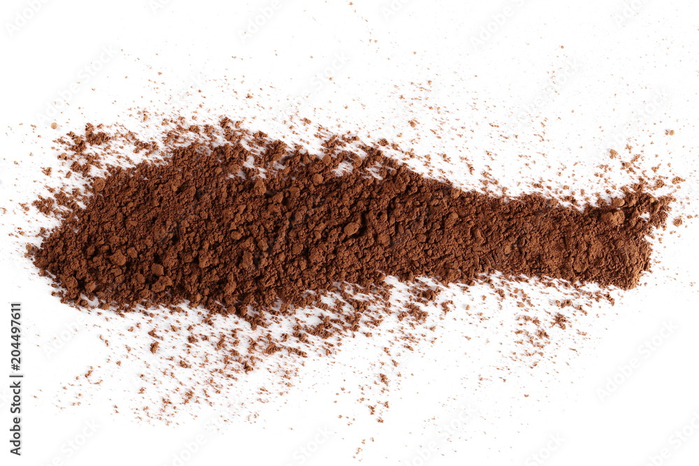 Cocoa powder pile isolated on white background, top view Cocoa powder pile isolated on white background, top view
