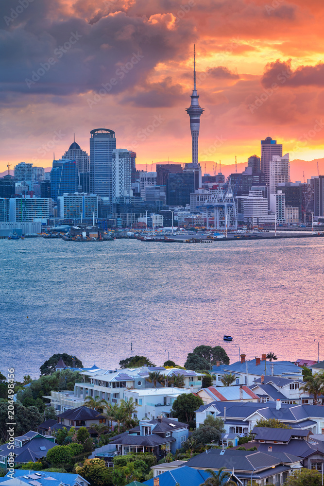Auckland. Cityscape image of Auckland skyline, New Zealand during sunset with the Davenport in the foreground.