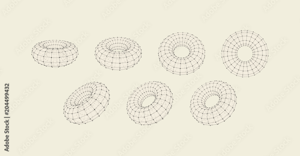 Torus. Object with lines and dots. Molecular grid. Technology style with particle. Vector illustration. Futuristic connection structure for chemistry and science. Torus. Object with lines and dots. Molecular grid. Technology style with particle. Vector illustration. Futuristic connection structure for chemistry and science.