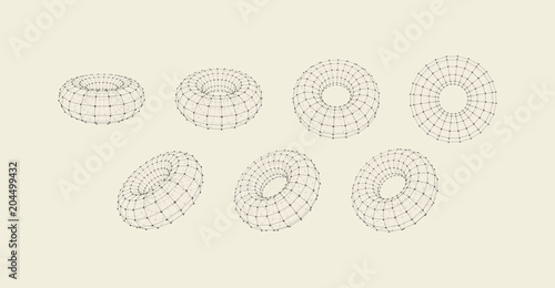 Torus. Object with lines and dots. Molecular grid. Technology style with particle. Vector illustration. Futuristic connection structure for chemistry and science.