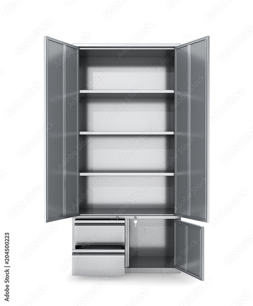 Storage cabinet with open doors isolated on white. Documents, tools. 3d illustrations. Storage cabinet with open doors isolated on white. Documents, tools. 3d illustrations.