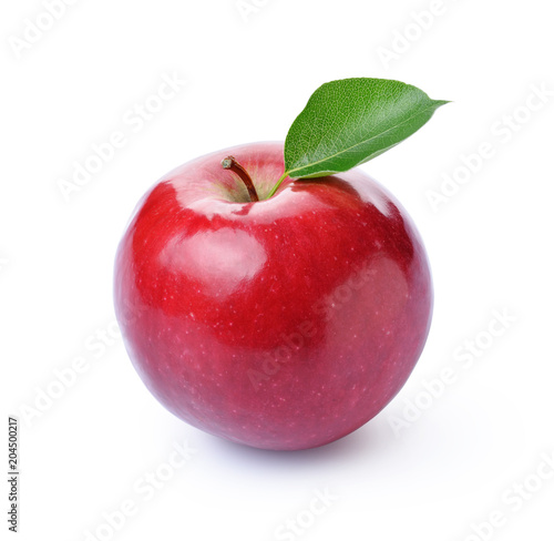 Perfect fresh ripe red apple with green leaf