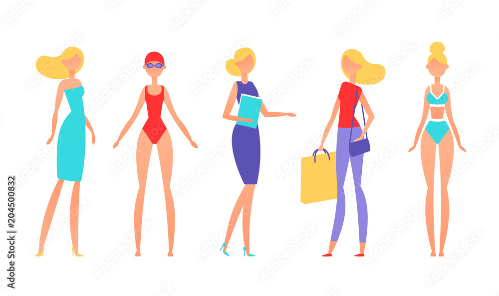 Blonde woman in different styles of clothes, with different hairstyles and poses. Model in simple flat abstract style. Vector illustration Blonde woman in different styles of clothes, with different hairstyles and poses. Model in simple flat abstract style. Vector illustration