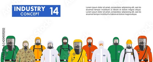 Chemical industry concept. Group different workers in differences protective suits standing together in row on white background in flat style. Dangerous profession. Vector illustration.
