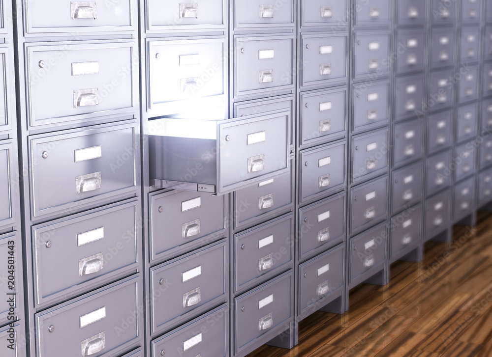 Storage cabinet. The open drawer from which the light shines, archive. 3d illustration Storage cabinet. The open drawer from which the light shines, archive. 3d illustration