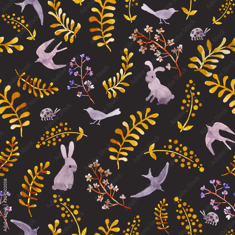 Rabbits, birds, ladybugs, autumn leaves. Repeating cute ditsy pattern. Watercolor Rabbits, birds, ladybugs, autumn leaves. Repeating cute ditsy pattern. Watercolor