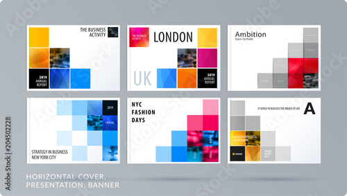 Square design presentation template with colourful pixels shadows. Abstract vector set of modern horizontal banners