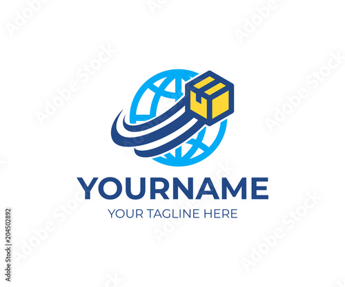 Logistics and delivery, around the earth rotates the cardboard box, logo template. Moving box, fast box and fast delivery goods, vector design. Shipping and shipment express service, illustration